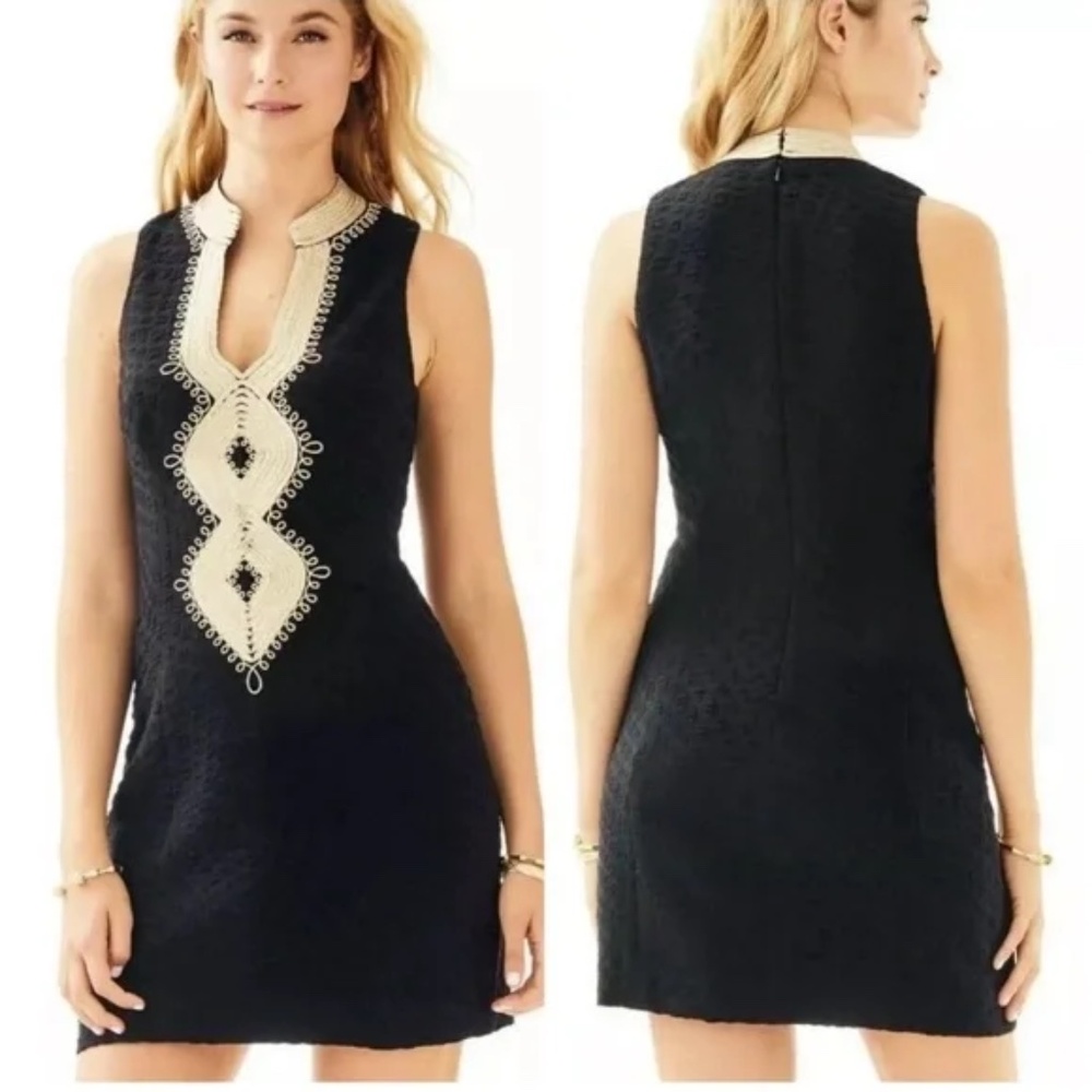Lilly Pulitzer Alexa Shift Dress Black and Gold Embroidered Stretch Lined